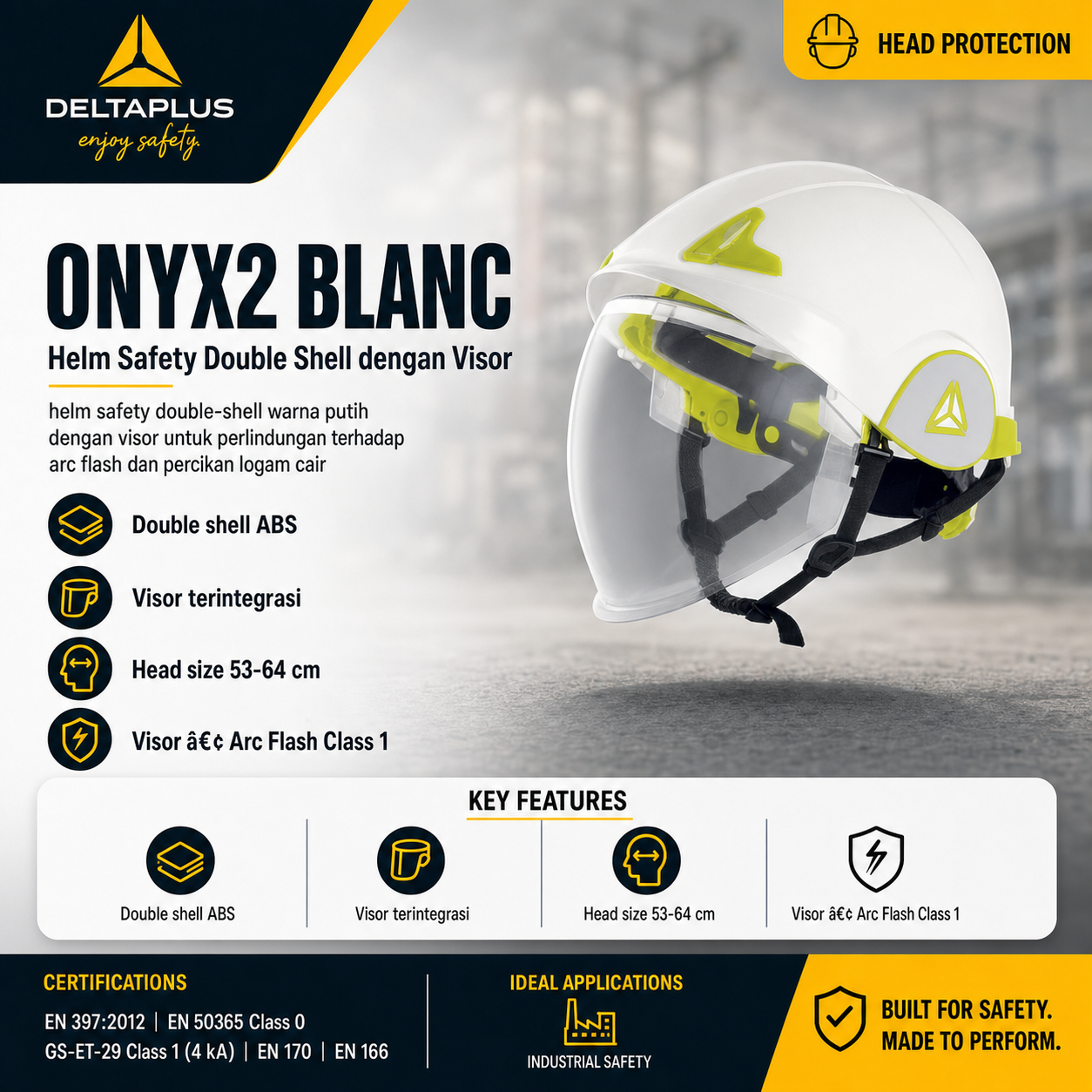 Helm Safety Double Shell Arc Flash + Visor DELTA PLUS ONYX2 Pelindung Listrik & Logam Protection